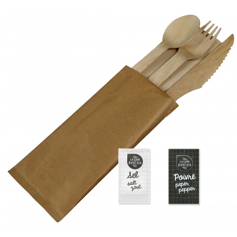 Kit cuillère, fourchette en bois et serviette